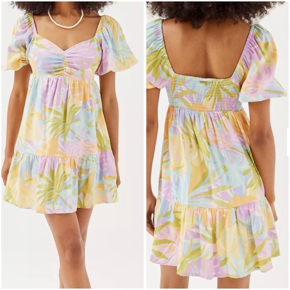 Billabong Be Mine Babydoll Dress Size M Multicolor Puff Sleeve Tropical NWT - Picture 1 of 14